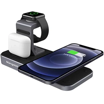 Immagine di Stazione di Ricarica Induttiva,3 in 1 Caricatore Wireless per iPhone 15/14/13/12/11/Pro/Max/XS/XR/X/8/Plus, Apple Watch 7/6/5/4/3/2/SE, AirPods 3/2/Pro