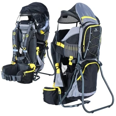 Immagine di DROMADER Zaino Porta Bambino Montagna Trekking fino a 22 kg Comodo Bimbo con Tasca Isolante, Parapioggia e Parasole Nero Giallo