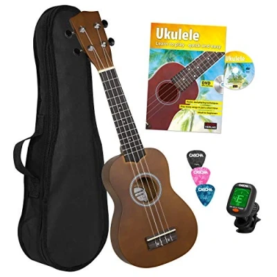 Immagine di Cascha Soprano Ukulele Bundle with Book, Tuner, Bag, 3 Picks and Aquila Strings, Marrone