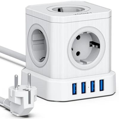 Immagine di VOOMY 9 in 1 Cubo Multipresa con USB, Elettrica 4 Porte USB e 5 Prese, Presa Multipla Interruttore Protezione Sovratensione, Power Cube 2500W Cavo 2 Metri, Bianco