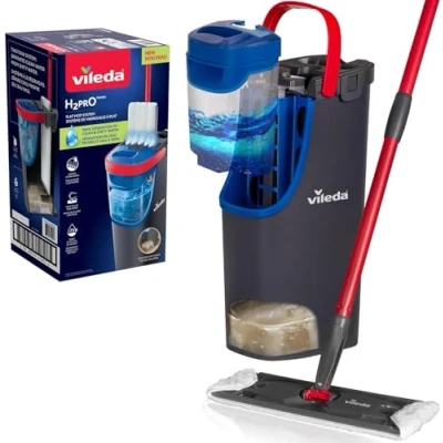 Immagine di Vileda H2Pro Sistema lavapavimenti con piastra piatta, Separazione acqua pulita e sporca, Risparmio d’acqua, Funzionamento una mano, Design compatto, Impugnatura ergonomica, Pulizia microfibra