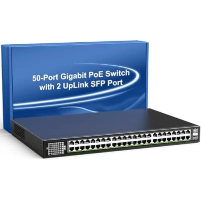 Immagine di Switch Ethernet PoE da 48 Porte Gigabit non Gestito con 2 SFP 1000Mbps di Uplink, VIMIN 50 che Supporta IEEE802.3af/at, Alimentazione 400W, Plug and Play
