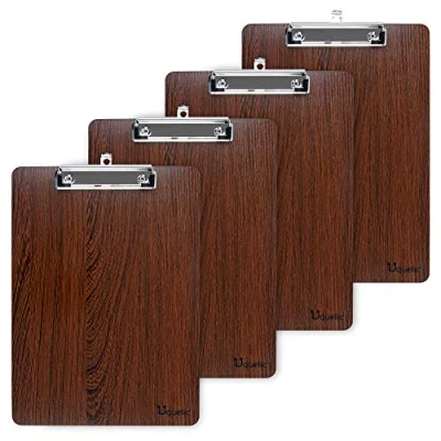 Immagine di Uquelic 4Pcs Tavolette per Appunti A4 Portablocco di Legno Portadocumenti con Clip Clipboard Angoli Arrotondati und Foro Appendere (Colore del caffè, A4)