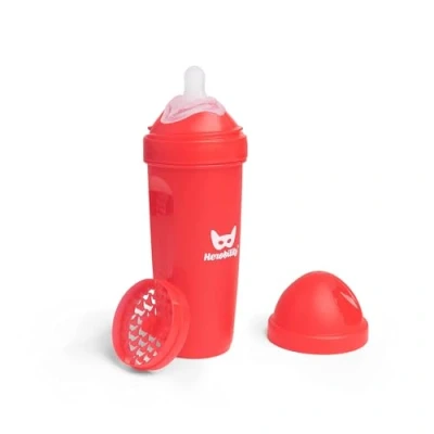 Immagine di Herobility Double Anti Colic Baby Bottle Award Winning Hero Bottles Soft Breast Like Teat, Easy Mixing Lid &amp; Net Safe Environment Friendly Materials 340ml/12 fl oz Red
