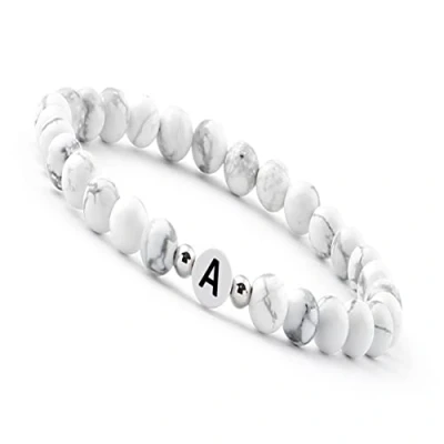 Immagine di Bracciale di perline Lettera I bianche del Braccialetto nome con autentiche pietre Howlite personalizzato iniziali fatto a mano