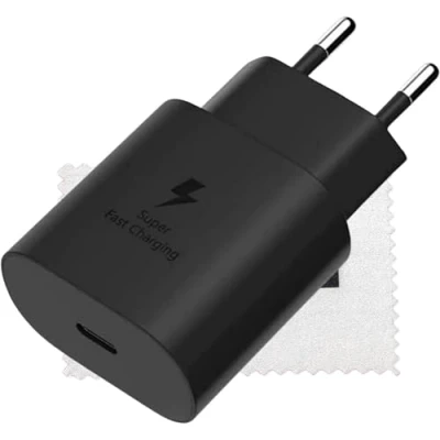 Immagine di Caricabatterie originale EP TA800 25W per Samsung Galaxy S21, S21 Plus, Ultra, S20, S20 5G, FE, Plus 5G (senza cavo dati) con panno pulizia schermo