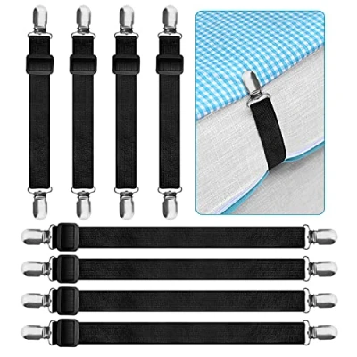 Immagine di KEELYY Clip Lenzuola, 8 Pezzi(15cm 100cm) Bretelle Elasticizzate Regolabili, Cinghie Elastici con in Metallo per Fissaggio Angoli coprimaterassi, Letto o Divano Nero