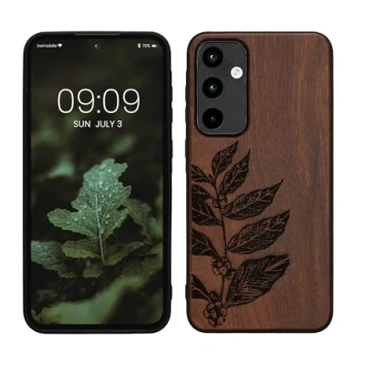 Immagine di kwmobile Custodia Compatibile con Samsung Galaxy A55 5G Cover Back Case in Legno Bumper Silicone TPU Foglia marrone scuro