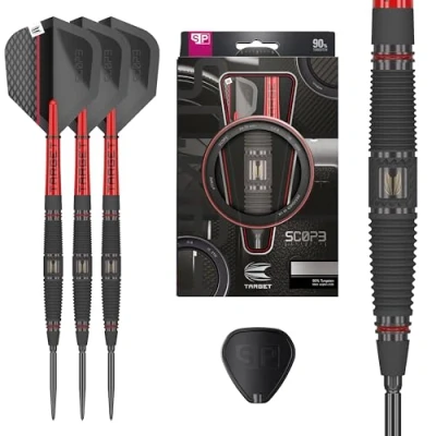 Immagine di Target Darts Scope Steel Tip Swiss Point Darts, 90% Tungsten Dart Set, Barrel 04 22G Sets, Red &amp; Black Professional Set with Points Tool