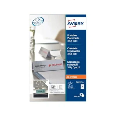 Immagine di Avery Zweckform, C32253 25, Biglietti, 25 fogli, A4 fogli con 4 carte segnaposto, senza strati, bianco, microperforazione, 185 g, 110 x 40, microperforato