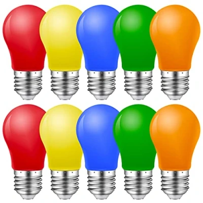 Immagine di Confezione da 10 lampadine a LED E27 colorate 1W,45 x 85 mm sfera di golf,colori misti,rosso,verde,blu,arancione, giallo,per esterni,interni,Natale,albero,fata,feste,luci notturne