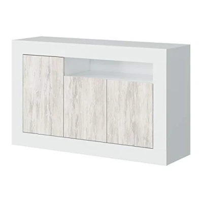 Immagine di Habitdesign Credenza a 3 porte, Buffet per soggiorno, armadio ausiliario, modello Baltik, finitura in bianco Artik e Velho, dimensioni: 144 cm (larghezza) x 87 (altezza) 42 (profondità)