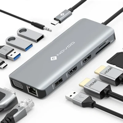 Immagine di NOVOO Multiporta docking station 12 in 1, Hub USB C a doppio HDMI, x 4, PD 100W, Ethernet RJ45, lettore di schede SD/TF, per MacBook Air Pro HP Dell XPS