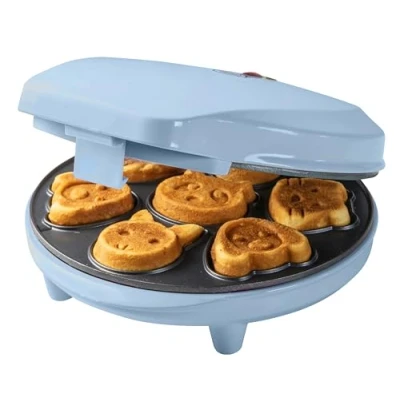 Immagine di Bestron Waffle Maker con motivi di animali, piastra per mini biscotti a cialda, indicatoro luminso &amp; rivestimento antiaderente, 700 watt, colore: Blu