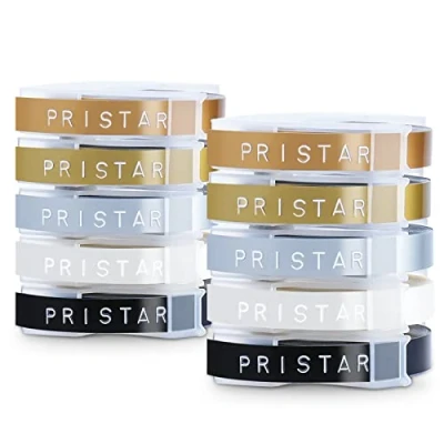 Immagine di Pristar Nastro di Ricambio Compatibile per Dymo 3D Plastica 9 mm x 3 m Omega Junior E101 E303 Etichette Goffratrici in Vinile, Bianco su Nero/Trasparente/Oro/Argento/Oro Champagne