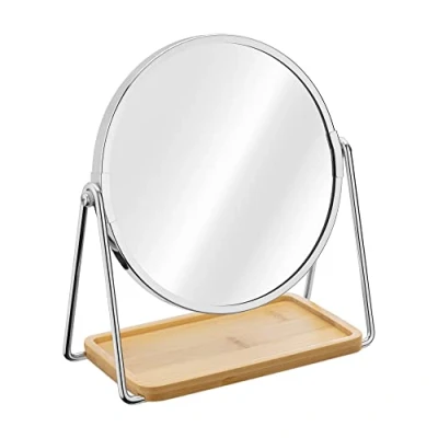 Immagine di Navaris Specchio Trucco con Portagioielli Specchietto Cosmetico Ingrandimento 1x 2X Make Up Girevole 360 Ø17,5cm Vassoio Portagioie Argento