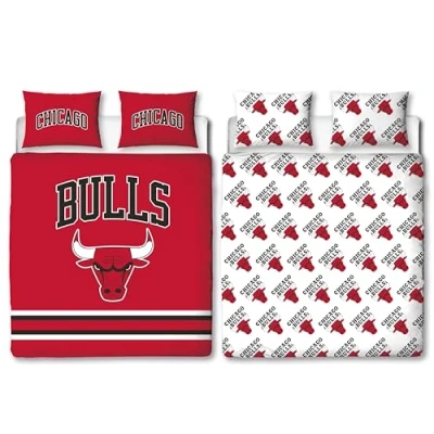 Immagine di set copripiumino matrimoniale ufficiale NBA, design Chicago Bulls, double face, colore rosso, prodotto della pallacanestro, con federe abbinate, per letto matrimoniale, in policotone