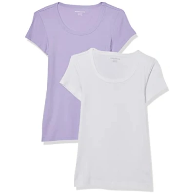 Immagine di Amazon Essentials T Shirt Aderente con Maniche Ad Aletta e Scollo Ampio Donna, Pacco da 2, Bianco/Lavanda, XXL