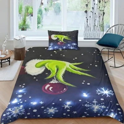 Immagine di Christmas 3D Stampa Digitale Grinch Set Copripiumino 2 Pezzi Con Cerniera E Federe Microfibra Morbido Di Biancheria Da Letto Per Bambini Single（135x200cm）