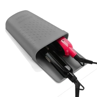 Immagine di ZAXOP Supporto per piastra capelli, in silicone resistente al calore, ferro da stiro, arricciacapelli, strumenti capelli caldi, accessori toeletta con gancio acciaio inox (grigio)