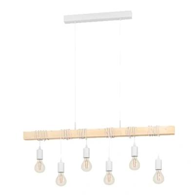 Immagine di Eglo Lampada a sospensione Townshend, Lampadario sospeso vintage sei luci dal design industriale, sospesa retrò in acciaio e legno, bianco, marrone, E27, certificazione FSC
