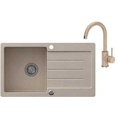 Immagine di VBChome Lavello da incasso in granito, 77 x 44 cm, reversibile, con sifone