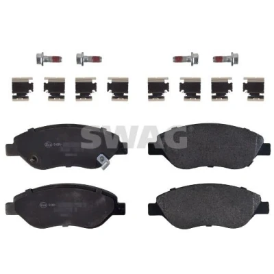 Immagine di SWAG 33 10 1792 Kit pastiglie freno Assale anteriore con segnalatore acustico usura bulloni pinza freno, materiale di fissaggio