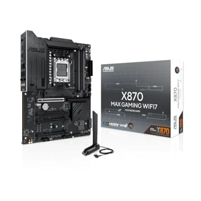Immagine di ASUS X870 MAX GAMING WIFI7, Scheda Madre AMD ATX, 12+2+1 Stadi di Alimentazione, Slot DDR5, Tre M.2, PCIe 5.0, WiFi 7 con Q Antenna, Ethernet Realtek 2,5Gb, HDMI, USB4 USB C, Aura Sync