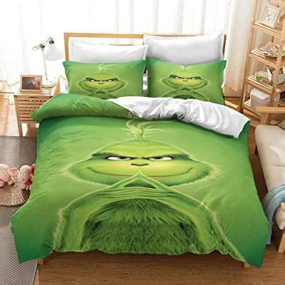 Immagine di Nichiyo, set di biancheria da letto The Grinch, copripiumino e federa, in microfibra, stampa digitale 3D, 3 pezzi (copripiumino + federe) (3, singolo 135 x 200 cm)