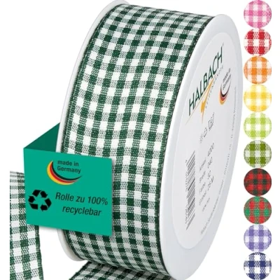 Immagine di Halbach Seidenbänder nastro regalo di alta qualità Vichy a quadri (verde scuro), larghezza 40 mm, lunghezza 25 m, quadretti, prodotto in Germania, disponibile diversi colori