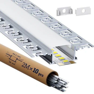 Immagine di HOOLED Profilo in alluminio per strisce LED 2 m x 10 pezzi 20m, Con coperchio opaco, Dimensioni 28 mm 13,8 Alette 64,2 mm, Supporta di larghezza inferiore o uguale a 20,2 SP44
