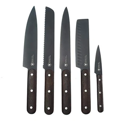 Immagine di LAGUIOLE Set di 5 Coltelli da cucina Lama Nera Lame faggio Mani legno