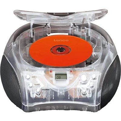 Immagine di Lenco SCD 24 Lettore CD per bambini radio Impianto stereo Boombox Sintonizzatore FM Titolo memoria 2 x 1,5 W RMS Alimentazione a corrente e batteria Trasparente 24TR