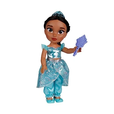 Immagine di Disney Princess bambola 38 cm di Jasmine, con i suoi abiti iconici arricchiti da dettagli glitterati, tiara scintillante e scarpette coordinate, occhi brillano