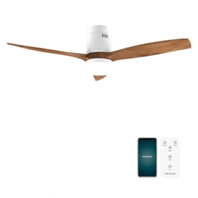 Immagine di Cecotec Ventilatori da Soffitto EnergySilence Aero 5600 Aqua WhiteDarkWood Connected 40 W, LED 18 Diametro 132 cm, Wi Fi, Telecomando, Protezione IP44, Timer 8 Ore, 3 Pale, 6 Velocità