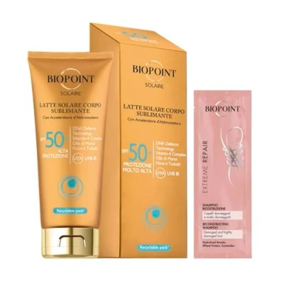 Immagine di Biopoint Solaire Latte Solare Corpo Sublimante con Acceleratore di Abbronzatura, Dona una Pelle Dorata e Luminosa, 200 ml Campioncino Shampoo Extreme Repair 10