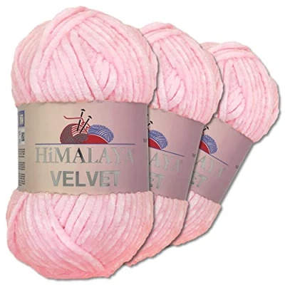 Immagine di Wohnkult Himalaya Velvet Dolphin Gomitolo di lana per lavorare a maglia, ciniglia soffice, accessori, indumenti e coperte, 40 colori scelta, 3 pezzi da 100 grammi l’uno (90003 rosa neonato)