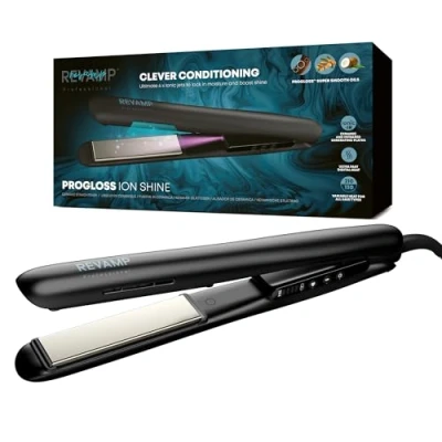 Immagine di REVAMP Piastra per capelli Progloss Ion Shine in ceramica, con tecnologia agli ioni anti crespo e oli leviganti di cheratina, argan cocco, impostazioni calore variabili, finitura nera
