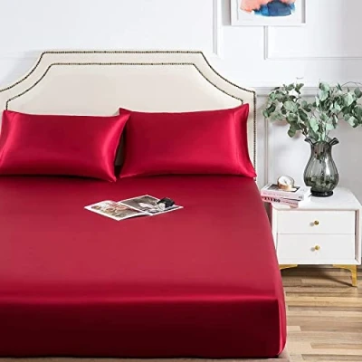 Immagine di Damier Lenzuolo con angoli elasticizzati in raso, 200 x cm, rosso, vinaccia, seta lucida, di alta qualità, adatto per materassi fino a 25 cm