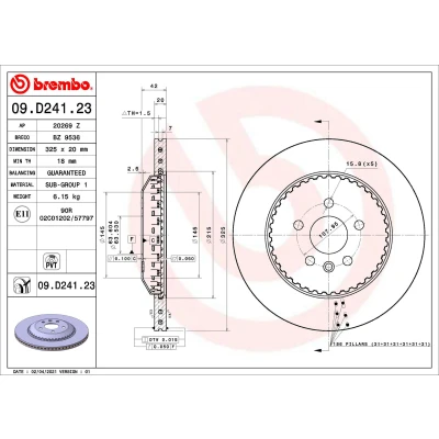 Immagine di BREMBO 09.D241.23 Disco freno 325 20 5 ventilazione interna, in due parti rivestito LAND ROVER: Range Rover Evoque, Discovery Sport