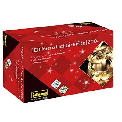 Immagine di Idena 31857 Micro catena luminosa a LED con 200 in bianco caldo, funzione timer 8 ore, spina e trasformatore, per feste, Natale, decorazione, matrimonio, come luce d&#039;atmosfera