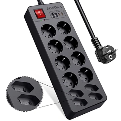 Immagine di Ciabatta Multipresa USB C,Multipresa Elettrica 12 Presa Protezione Sovratensione con Interruttori,Caricatore Multiplo 2 C e A Universali Tedesca Spina Schuko 1,5M,Nero