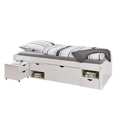 Immagine di Inter Link Letto singolo Multifunzione funzionale Con contenitore comodino 3 cassetti 2 nicchie Legno massiccio base Verniciato bianco Till 90 x 200 cm