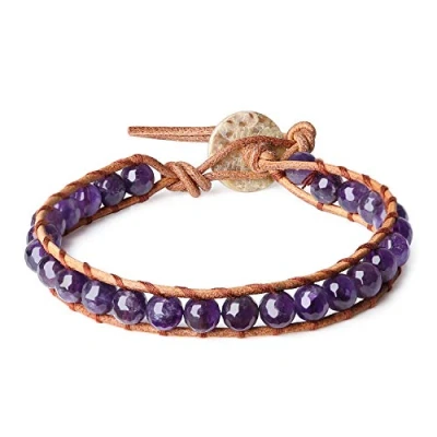 Immagine di COAI Bracciale Regolabile Realizzato a Mano in Pelle e Pietre Benefiche Narurali Ametista