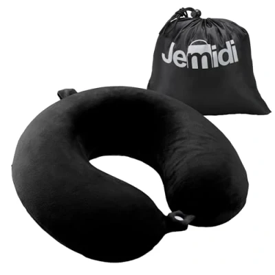 Immagine di JEMIDI Cuscino da Viaggio Collo per Riposare e Dormire in Aereo Treno Macchina o a Casa Schiuma di Memoria Design Ergonomico Rialzato con Custodia Travel Pillow Nero