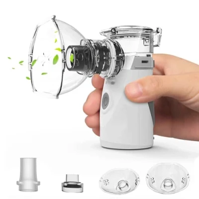 Immagine di Aerosol Portatile Silenzioso per Bambini e Adulti. Inalatore con Boccaglio Maschera. Nebulizzatore Inalatore, Ricaricabile Batterie AA (non incluse) / USB