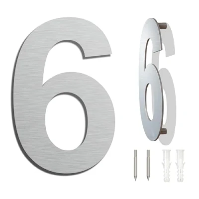 Immagine di spazzolato moderno numero civico 6 pollici 152 mm altezza, in solido acciaio INOX 304, galleggiante aspetto e facile da installare (Numero 6/9 Sei/Nove)