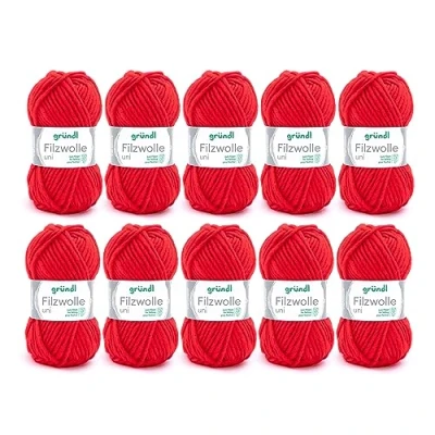 Immagine di Gründl Felting Wool Uni (Lana per infeltrire, Lavorare a Maglia e all&#039;Uncinetto, Filato di Pura Lana Vergine al 100%, 50 g / m, Dimensioni dell&#039;ago: 8 9, 10 x g), Rosso Segnale