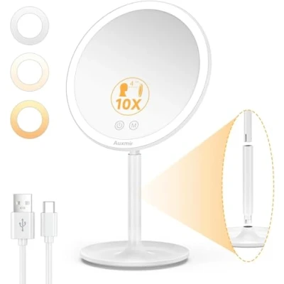 Immagine di Auxmir Specchio Ingranditore 10X con Luci, Trucco a 3 modalità d’Illuminazione, Ricaricabile, da Tavolo, Luminosità Regolabile, Touchscreen, Ideale per Bagno e Viaggio