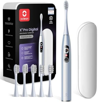 Immagine di Oclean Spazzolino elettrico X Series Pro Digital Travel Set, 6 Teste di spazzole, Custodia da viaggio, Touch screen intelligente, 3 Modalità, 30 Giorni, IPX7,Argento